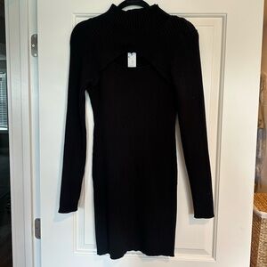 Ribbed Black Bodycon Long Sleeve Sweater Mock Neck Dress